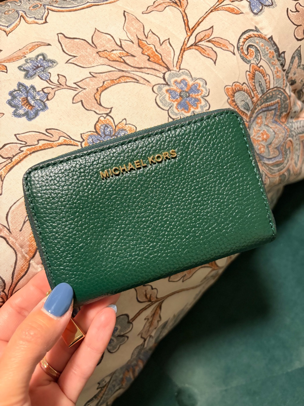 Michael Kors Emerald Green Pebbled Leather Card Holder with Gold Logo